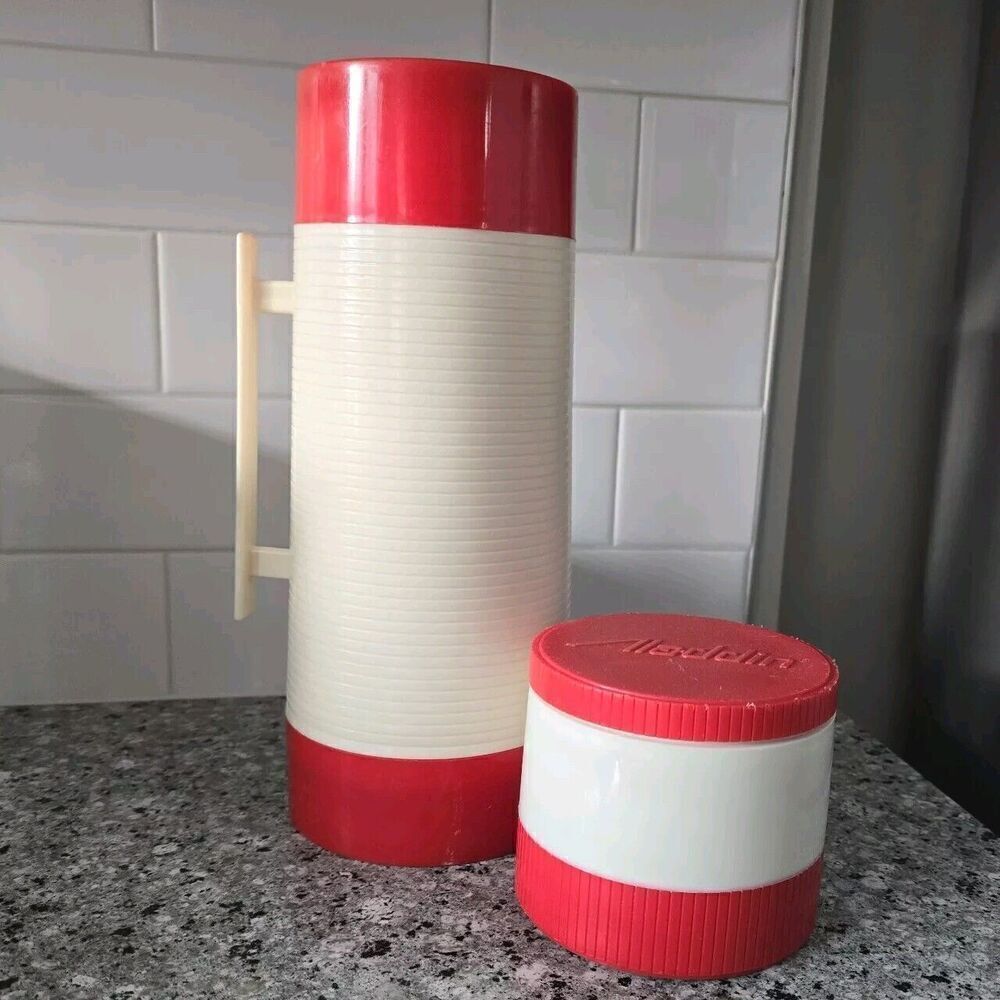 Vtg 70s Aladdin Hy-Lo Thermos & Soup Thermos Red Cream Insulated‎ Hot Cold Lunch